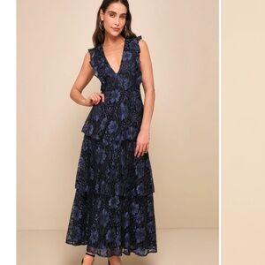 Lulus Molinetto Navy Blue Lace Ruffled Tiered Sleeveless Maxi Dress